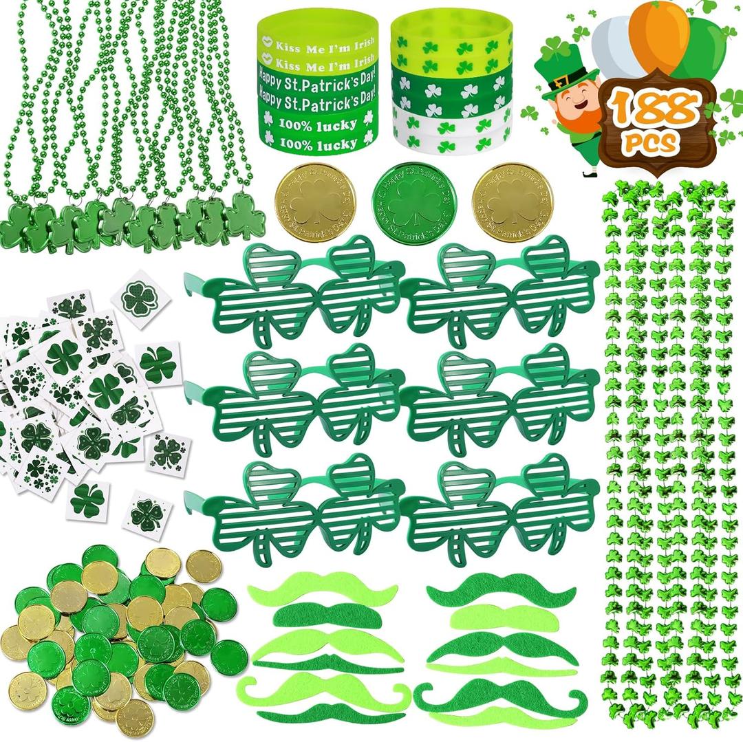 Max Fun 188Pcs St Patricks Day Accessories Party Favors Set, Saint Patricks Day Decorations Irish Decor for Kids, Green Beads Shamrock for Parades Party Supplies