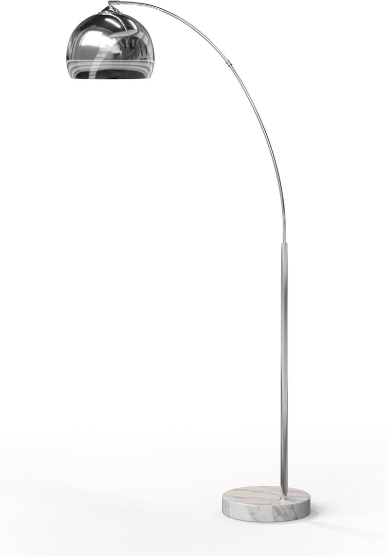 Teamson Home Arquer 68.1" Arc Floor Lamp for Living Rooms, Home Offices, Dining Rooms, Bedrooms with Faux White Marble Base and Chrome Bell Shade