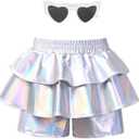 Girls Pleated Metallic Shorts Shiny Sparkle Ruffle Scooter Skater Dance Elastic Waist Rave Pants with Sunglasses for 4-5T