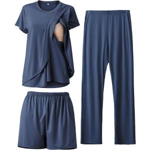 Rnxrbb 3 Piece Postpartum Nursing Pajamas Set Casual Soft Maternity Breastfeeding Pjs Sleepwear Loungewear Clothes Layer (Medium, Navy)