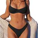 ZAFUL Women's Ribbed Underwire Bikini Set High Cut Colorblock V Notch Swimwear Printed High Leg Swimsuit XL (Black)