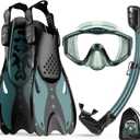 KUYOU Mask Fins Snorkeling Gear for Adults - Wide View Anti-Fog Mask, Full Dry Top Snorkel Gear Set (Large/X-Large With Fins, Dark Celadon)