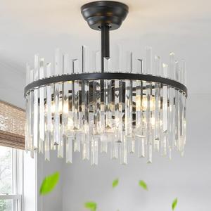Gryalcy Black Fandelier Ceiling Fans with Lights, Crystal Chandelier Ceiling Fan with Light Remote Control, Mid Century with 6 Speeds for Bedroom, Living Room