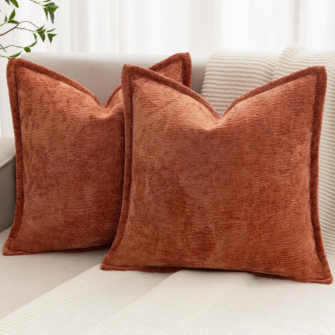 Burnt Orange Fall Decorative Throw Pillow Covers 20x20 Inch Set of 2 Cozy Soild Chenille Cushion Cases Soft Textured Square Couch Pillows Cover Boho Accent Farmhouse Pillowcases for Bed