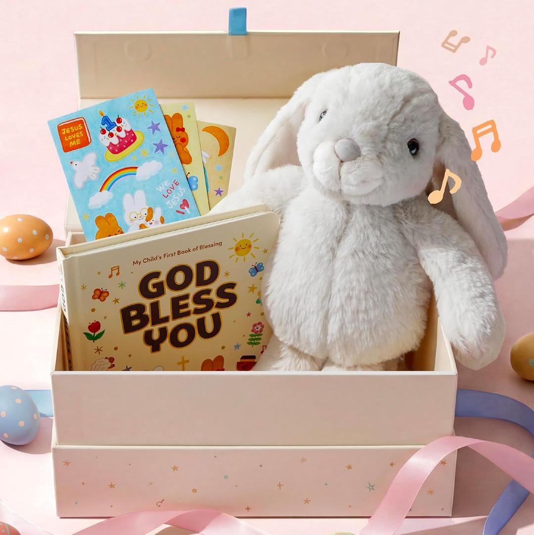 Praise Bunny Christian Easter Gift Set for Kids  11 Singing Plush Toy with 3 Bible Songs, Hardcover Blessing Book, Keepsake Box, Stickers, Easter Basket Stuffers, Christening Gift for Baby, Toddlers