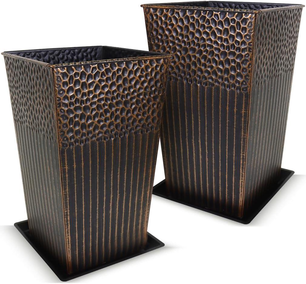 2 Pcs Pack Metal Tall Tapered Planter Pots Steel Large Square Planter Flower Pot with Drainage Holes for Indoor Outdoor Deck Porch Garden Home Patio Front Door (Antique Copper, 17" H.)