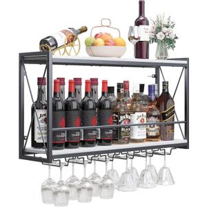 Dokser Wine Rack Wall Mounted Shelf - 2 Tier, Rustic Wood & Industrial Iron Frame Wine Bottle Holder for Kitchen, Dining Room, Home Bar Decor (White) (Long)