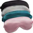 LERSVICVIL Sleep Mask 4 Pack Silk Eye Cover Soft Satin Blindfold Elastic Strap Night Eyeshade Travel Nap for Women Men (Black, Silver, Pink and Dark Green)