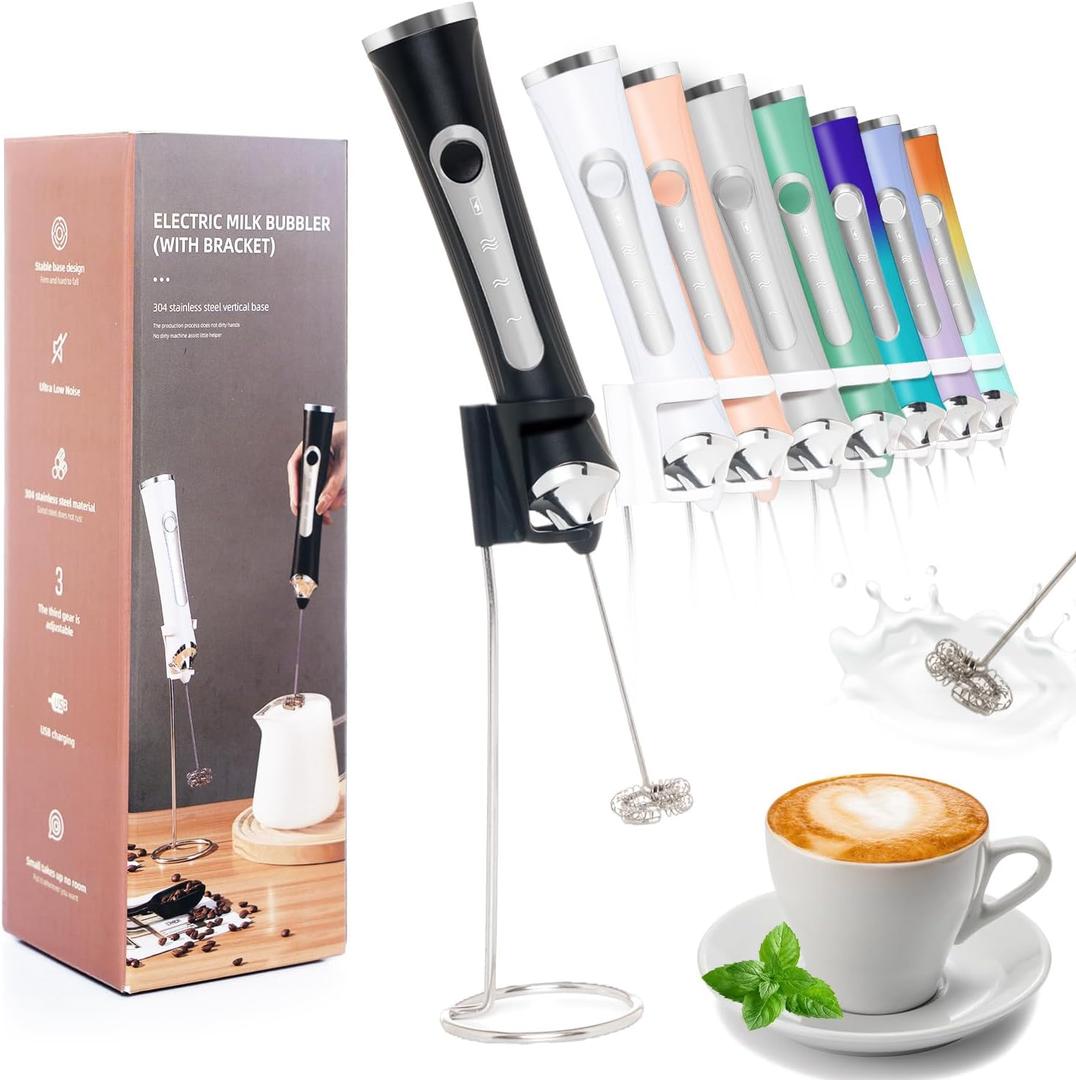 Rechargeable Milk Frother Handheld For Coffee,3 Speeds Frother Wand With Stand, Batidora De Mano Electrica,Coffee Frother With 2 Heads,Drink Mixer Electric Handheld,Kitchen Essentials(Black)
