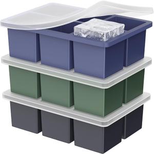 Large Ice Cube Tray for Whiskey: 2" Big Silicone Ice Tray with Lid for Whisky - 3Pack Old Fashioned Ice Cube Trays for Cocktail - Huge Square Cubed Bourbon Ice Cube Maker (Black+Green+Blue)