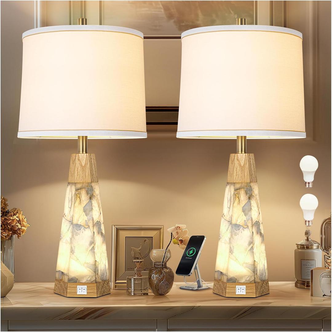 Natural Alabaster And Real Wood Table Lamp Set of 2 With Night Light Nightstand Lamps With USB Ports White Linen Fabric Shade Bedside Lamp Decor For Living Room Bedroom Home Office Hotel Bar House