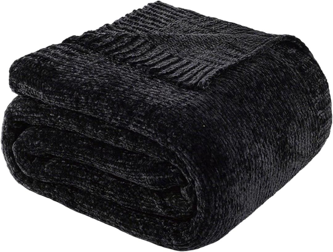 BATTILO HOME Black Throw Blanket for Couch, Woven Chenille Throw Blankets for Bed, Chair, Sofa, Black Knitted Blanket Cozy Soft Blanket, 51"x67"