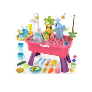 4-in-1 Electric Water Table Toy for Toddlers 1-3,Color Changing Kitchen Play Sink Toys with Running Water for Kid with Water Pump,Animals, Food, Tableware,Pretend Role Birthday Toy for Boy and Girl