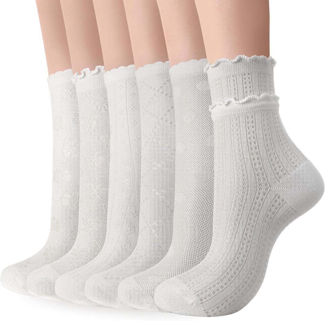 6 Pairs Women's Ruffle Socks Cool Casual Summer Ultra Socks Cute Thin sheer Friily Cotton Crew Sock (White)