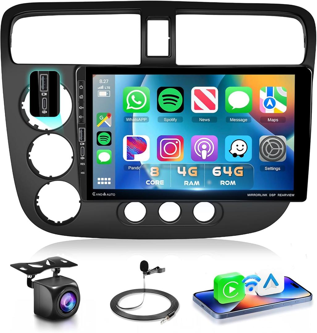 Type-C/USB 8Core 4G 64G for Honda Civic 2001-2005 Radio,5.0 Bluetooth Car Stereo with Wireless CarPlay 9inch 1280x720P Touchscreen 59UIs Android Auto GPS FM/RDS WiFi DSP 46EQ Backup Camera