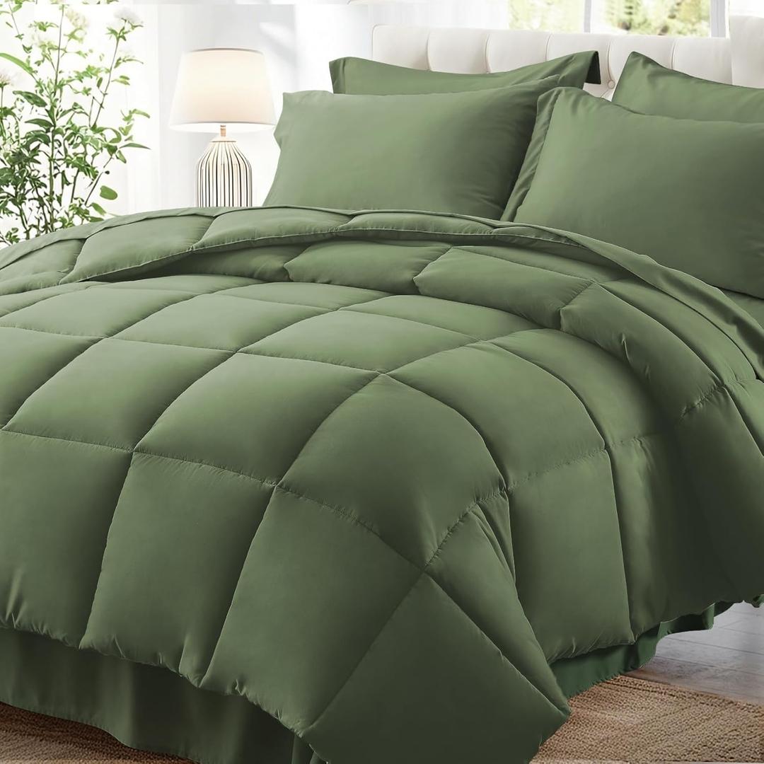 Zzlpp Queen Comforter Set 7 Pieces, Olive Green Bed in a Bag Bedding Set with 1 Comforter, 2 Pillow Shams, 2 Pillowcases, 1 Flat Sheet, 1 Fitted Sheet with Pockets