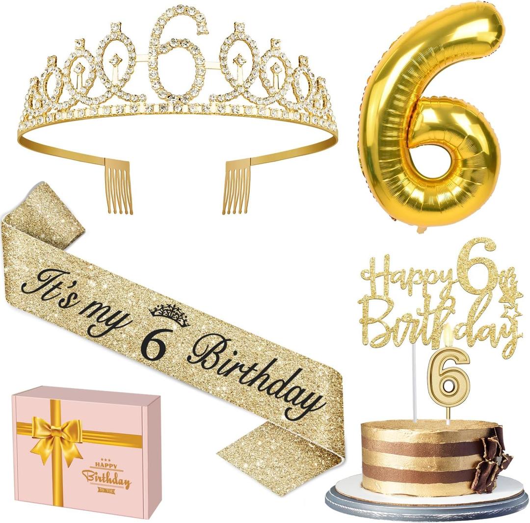 6th Birthday Decorations for Girl with 6th Birthday Sash and Tiara, Candle and Cake Topper, Number Balloon, 6 Year Old Girl Gifts