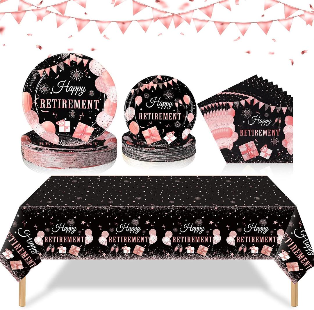Zhehao 101 Pcs Retirement Party Tableware Set Black and Pink Happy Retirement Party Supplies Includes 50 Paper Plates, 50 Napkins and 1 Tablecloth for Men Women Say Goodbye