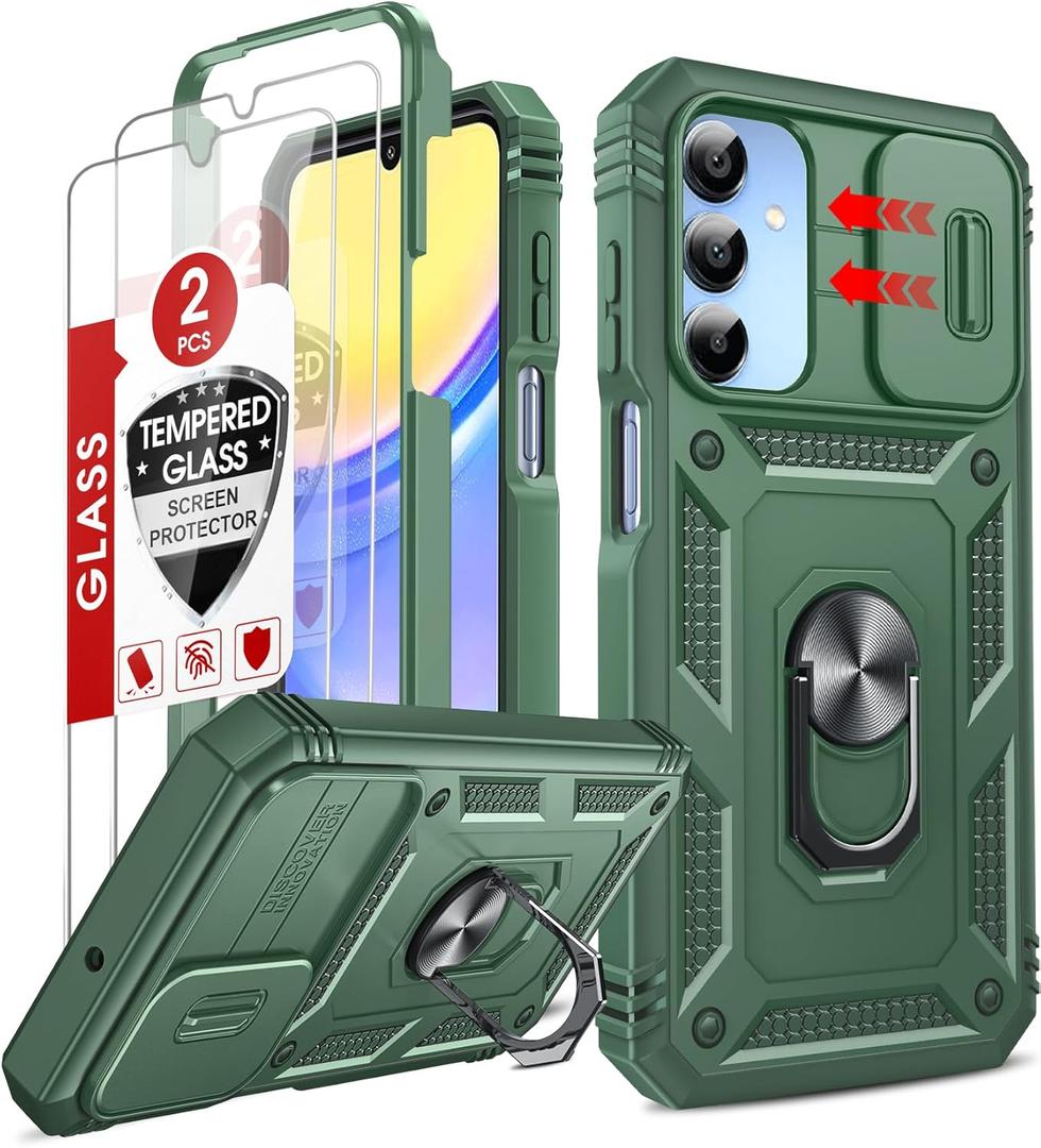 LeYi Compatible for Samsung A15 5G Phone Case: A15 5G Screen Protector with Galaxy A15 Case, Magnetic Rotatable Kickstand, Heavy Duty Shockproof for Celular Android Phone Case A15 5G,Green