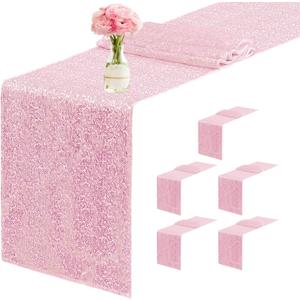 6 Packs 12 x 72 inches Sequin Table Runner, Pink Glitter Table Runner for Birthday Party Supplies Wedding Engagement Baby Shower Holiday Celebration Event Decorations