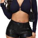 Women's Micro Faux Leather Shorts Low Rise Waist Stretch Black Mini Hot Shorts Rave Club Party (Black, XXL)