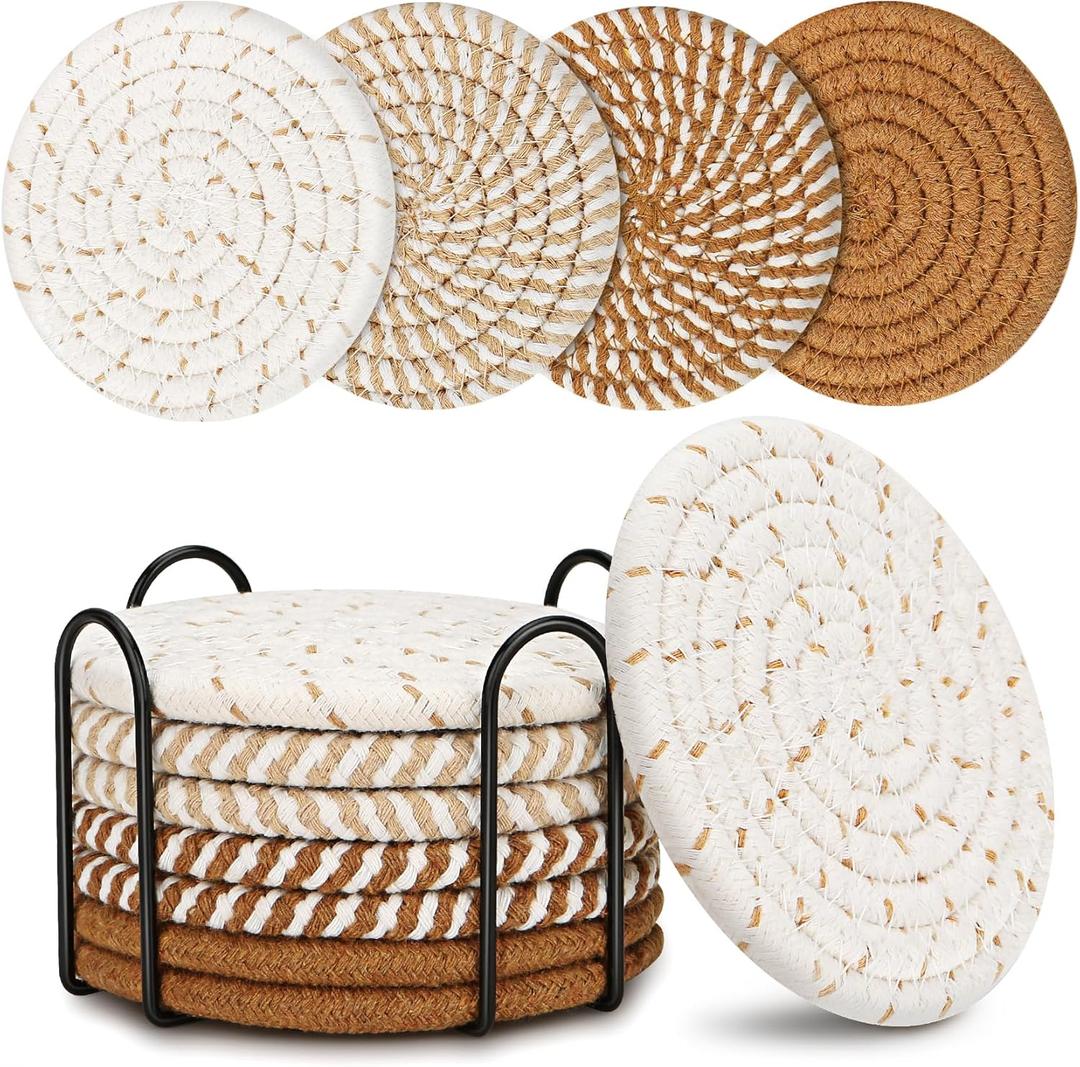 Coasters for Drinks, Coasters Set of 4 - Color, 8 Pack Coaster Set, Boho Coaster with Holder, Coffee Table Decor, Living Room Decor, Kitchen Table Decor (Brown)