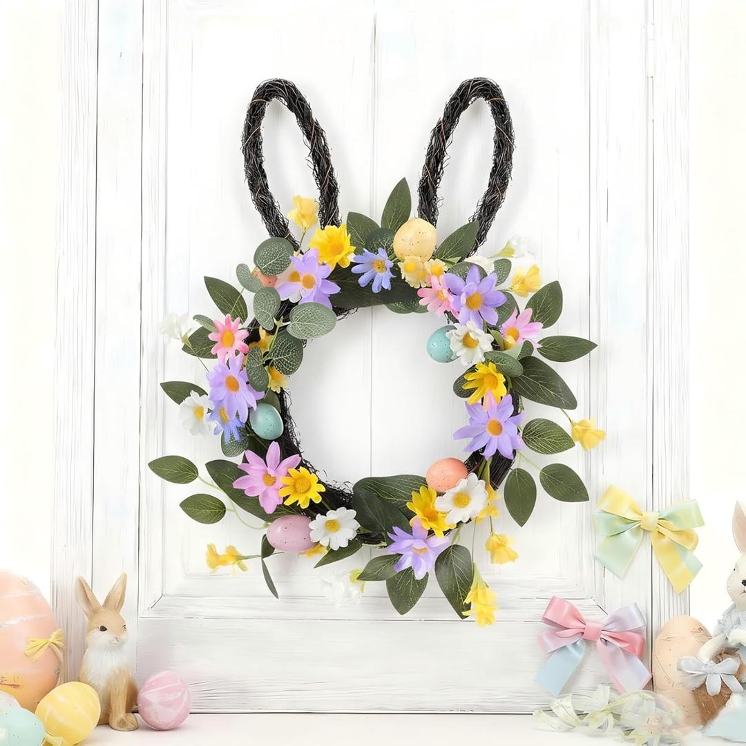 Suncalla Easter Bunny Wreaths for Front Door Artificial Spring Floral Wreath with Pastel Eggs Easter Rabbit Wreath Decoration for Home Indoor Outdoor Window Wall Holiday Party Decor