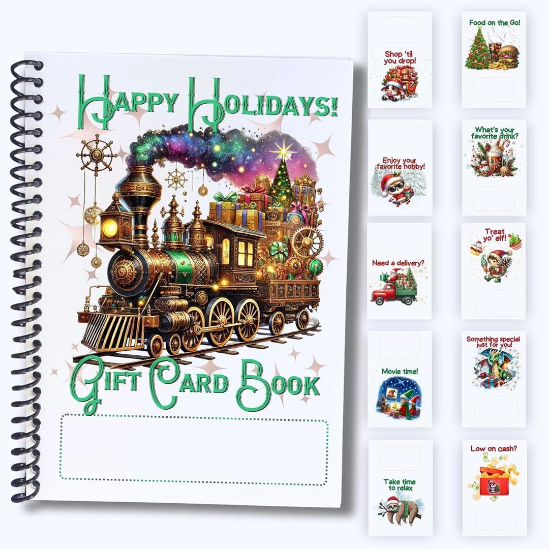 Christmas Gift Card Book 5x7 inches with Stickers, 10 Page Soft Cover Spiral Bound with Protective PVC Cover, and 20 Double Sided Sticky Dots - 8 Different Cover Design Options (Train)
