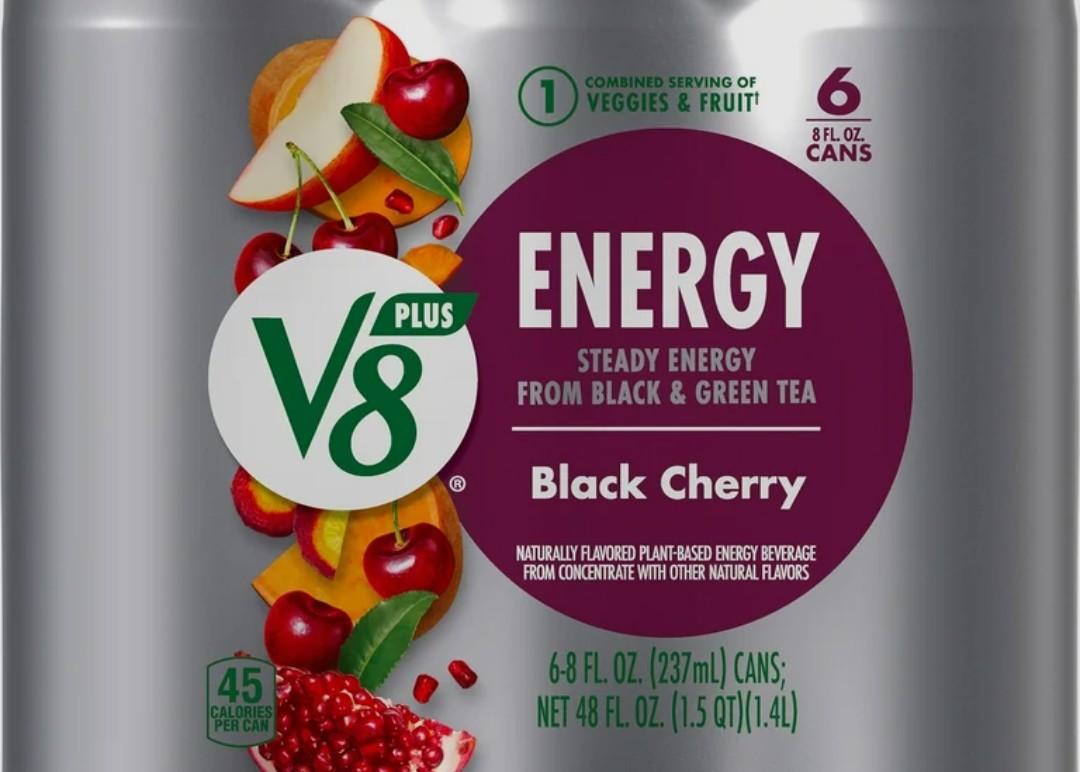 V8 +ENERGY Black Cherry Energy Drink, Made with Real Vegetable and Green Tea, 8 FL OZ Pack of 6
