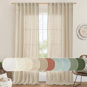 LAMIT Natural Linen Curtains 90 Inch for Living Room, Back Tab and Rod Pocket Linen Textured Sheer Curtains Light Filtering Curtains for Bedroom/French Door, Set of 2, 52 x 90 Inch, Linen