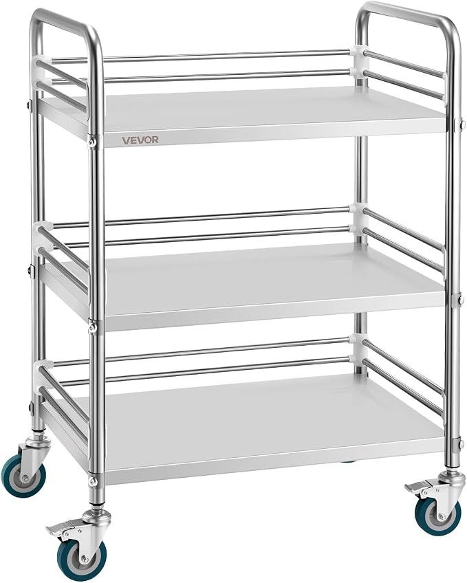 VEVOR Stainless Steel Rolling Cart, 3-Tier Metal Utility Cart with Lockable Wheels, Medical Serving Trolley Clinic Tray, Mobile Service Cart for Hospital, Lab, Restaurant, Kitchen, Salon