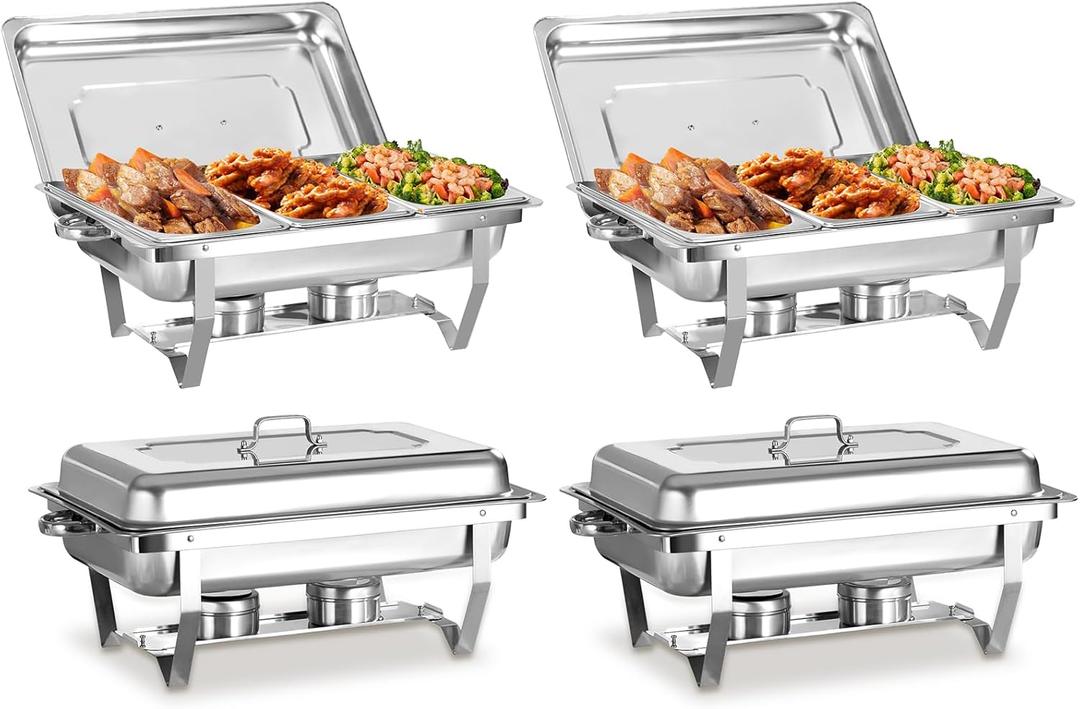 PYJJZU Chafing Dish Buffet Sets, 8QT 4 Pack Stainless Steel Chafing Dish with 1/3 Size Food Pan, Lids, Water Pans, Folding Stands & Fuel Tray Holders for Catering
