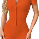 LilyCoco Rompers for Women Button Up Bodycon Short Sleeve Collared Sexy One Piece (Orange, L)
