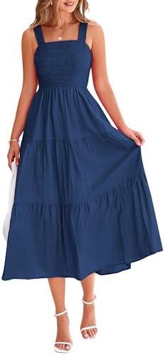 PRETTYGARDEN Midi Dress for Women 2025 Summer Smocked Ruffle A Line Long Flowy Dresses Cute Sleeveless Beach Sundress, XXL