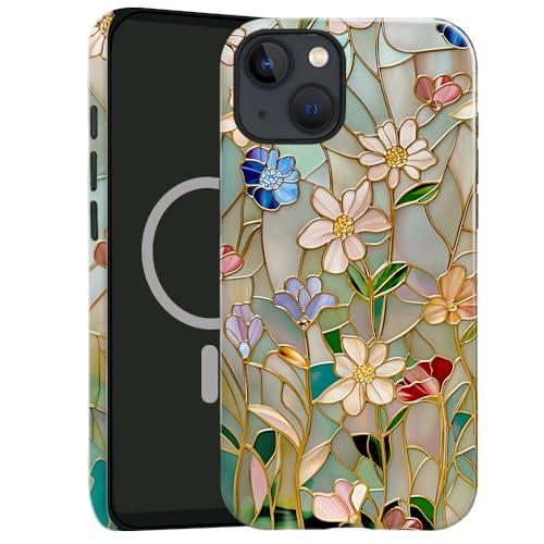 TnXee Case Compatible with iPhone 15,Compatible with MagSafe,Glossy Fall Prevention Hybrid 2-Layer Hard Shell Cases for Girls Boys,Stained Glass Bloom Flower