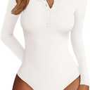 PRETTYGARDEN Long Sleeve Bodysuits for Women 2026 Ribbed Knit Henley Button Up Slim Fitted Basic Tops Spring Fashion Clothing S