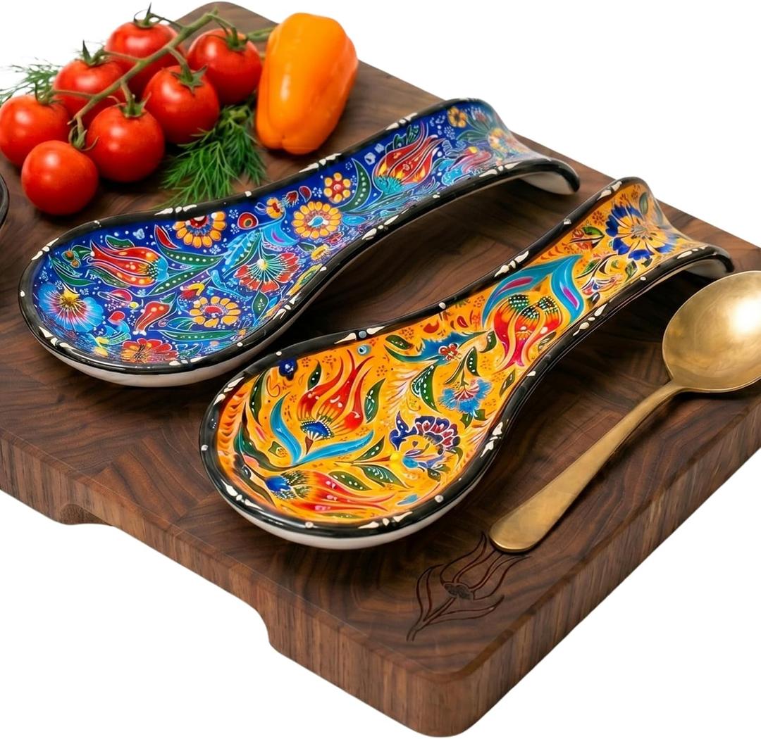 Handcrafted Turkish Ceramic Spoon Rest Set of 2-9" Large Spoon Holder for Stove Top - 100% Lead-Free & Heat Resistant - Decorative Ottoman Tulip Patterned Utensil Rest - Dishwasher Safe