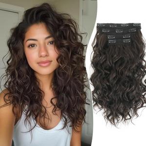Aisaide Clip in Hair Extensions, 4PCS 16 inch Curly Hair Extensions Short Soft Natural Hairpiece Lace Weft Curly Wave Clip Ins Extensions Invisible for Women,Natura Off Brown