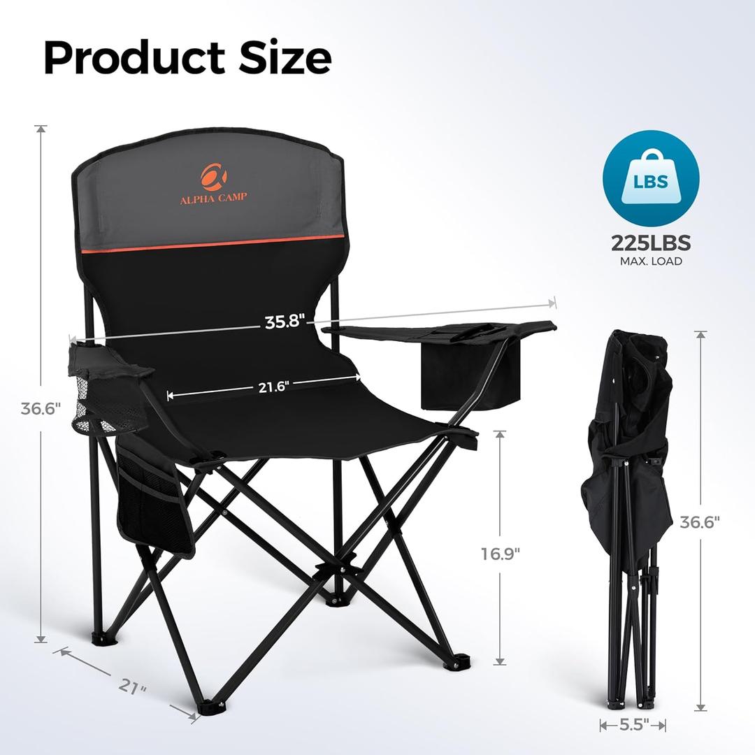 ALPHA CAMP Camping Chair 1 Pack Portable Chair with 3-Can Cooler Folding Chair with Side Pocket and Cup Holder, Collapsible for Camping, Tailgates, Beach, Fishing and Sports, Black, 1PC