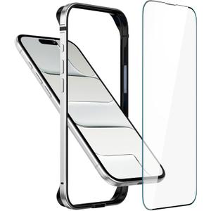 Metal Bumper Case for iPhone 17 Air, Aluminum Frame Slim Case [Soft Silicone Inner Bumper][Raised Edge Protection] HD Tempered Glass Screen Protector Cover for iPhone 17 Air Silver