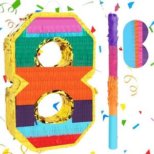 Adecortalk Rainbow Number 8 Pinata Rainbow Pinata with Bat Stick Blindfold for Kids 8th Birthday Party Supplies Fiesta Centerpieces Anniversary Celebrations (16.1 x 10.6 x 3.2 Inches)