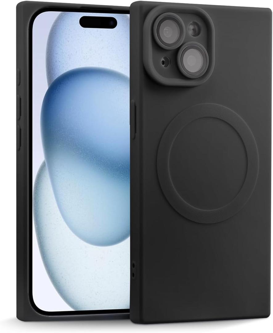Designed for iPhone 15 Case Silicone Compatible with Magsafe, Camera Lens Protector, Military Grade Shockproof Protective, Rectangle Magnetic Phone Case for iPhone 15 Black