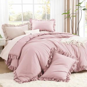 Litanika Grayish Pink Queen Comforter Set, 3 Pieces Ruffle Farmhouse Aesthetic Bedding Comforter Set, All Season Soft Lightweight Fluffy Microfiber Bed Set(90x90In Comforter, 2 Pillowcases)