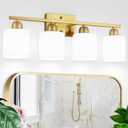 4 Light Gold Light Fixture Bathroom, Brushed Gold Vanity Light with Milky White Frosted Glass Shades, Lights for Bathroom Mirror for Living Room Bedroom Hallway E26 Base