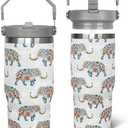 Zifmrtrwn Elephant Tumbler with Handle and Flip Straw Boho Mom Cup Insulated Leak Proof Coffee Travel Mug Water Bottle White Elephant Gifts for Women Decor-30 oz(1PCS)