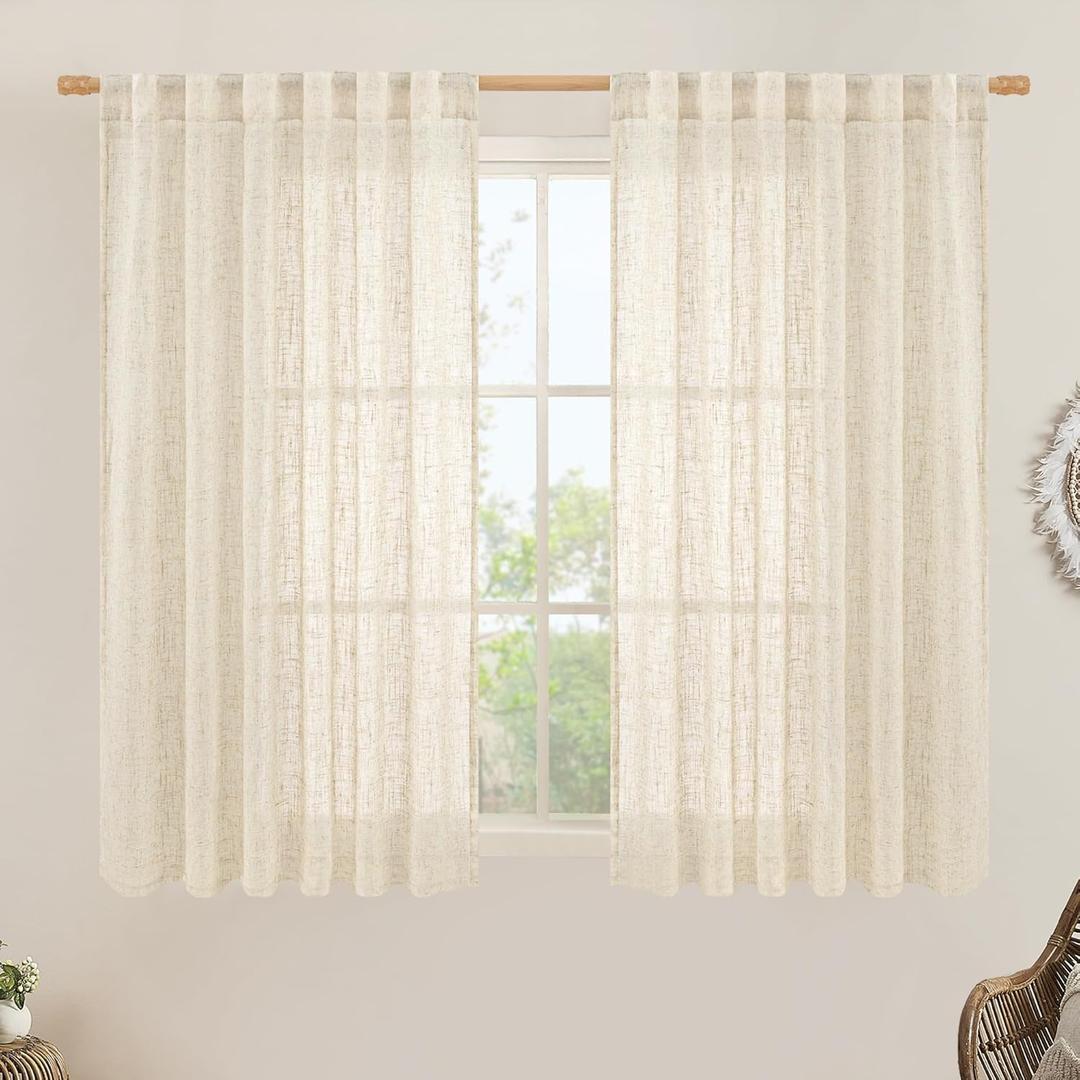 LAMIT Semi Sheer Linen Curtains 54 Inch Length 2 Panels, Beige Light Filtering Panels Back Tab and Rod Pocket Neutral Drapes for Kitchen/Window/Dining Room, 52 x 54 Inch