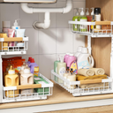 PXRACK Under Sink Organizer, Adjustable Height, 2 Tier Pull Out Under Cabinet Organizer, Slide Out Thickened Metal Under Sink Storage for Kitchen Bathroom Laundry Pantry Cabinet, White, Large-2-Pack
