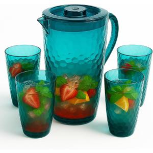 84 oz Crystal-Clear Pitcher with 4 Tumblers Set, BPA-Free Food-Grade Jug with 3-Position Lid & Spout Large Beverage Pitcher for Party, Iced Tea, Lemonade, Sangria, Fridge Teal Blue