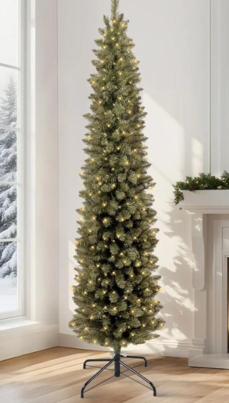 Annecy 7ft Pre-Lit Fir Pencil Christmas Tree, Green Classic Artificial Slim Skinny Christmas Tree for Home, Office, Party Decoration w/500 Tips, 220 Warm White Lights, Metal Hinges & Base, Green 7 ft