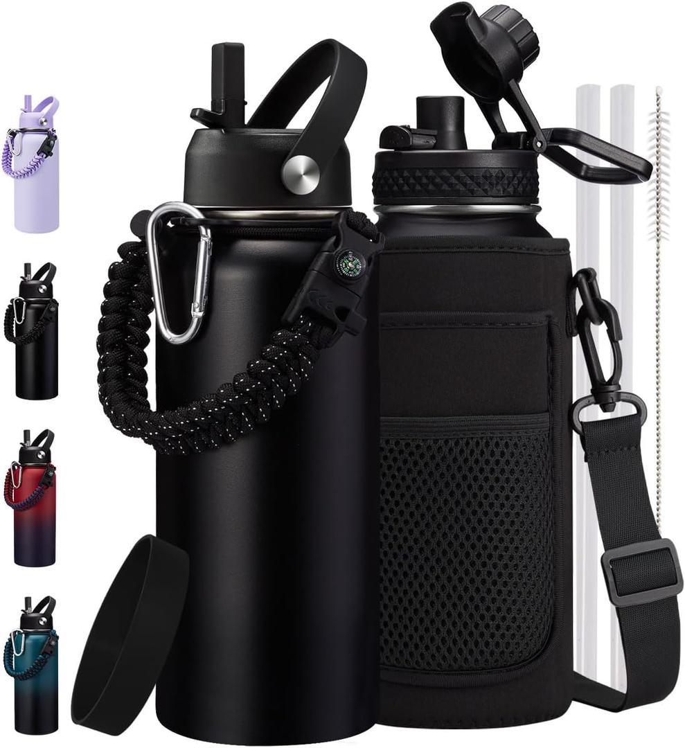32oz Insulated Water Bottle Flask - Cold-48h & Hot-24h, Stainless Steel Water Bottle Hydro Cup with Paracord Handle, Straw & Spout Lids, Strap Carrier Bag, Meta Water Bottle for Sports Fitness Hiking (Black)